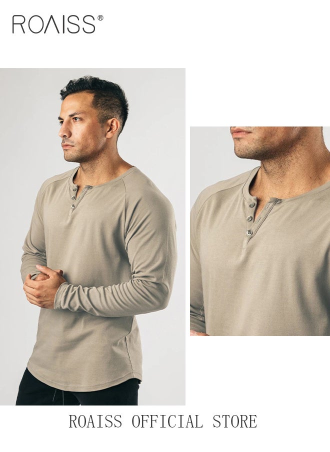 roaiss - Men Long Sleeve Henley Shirts Muscle Slim Fit V Neck Button Pure Cotton T Shirt Fitness Bottoming Elastic Shirt for Gym or Casual Time - Image 1