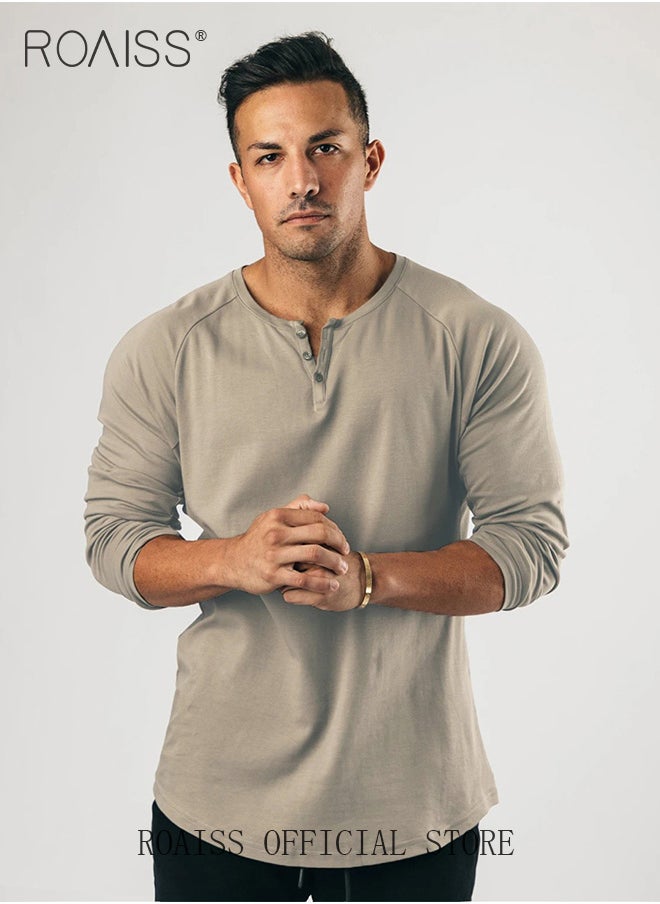 roaiss - Men Long Sleeve Henley Shirts Muscle Slim Fit V Neck Button Pure Cotton T Shirt Fitness Bottoming Elastic Shirt for Gym or Casual Time - Image 1