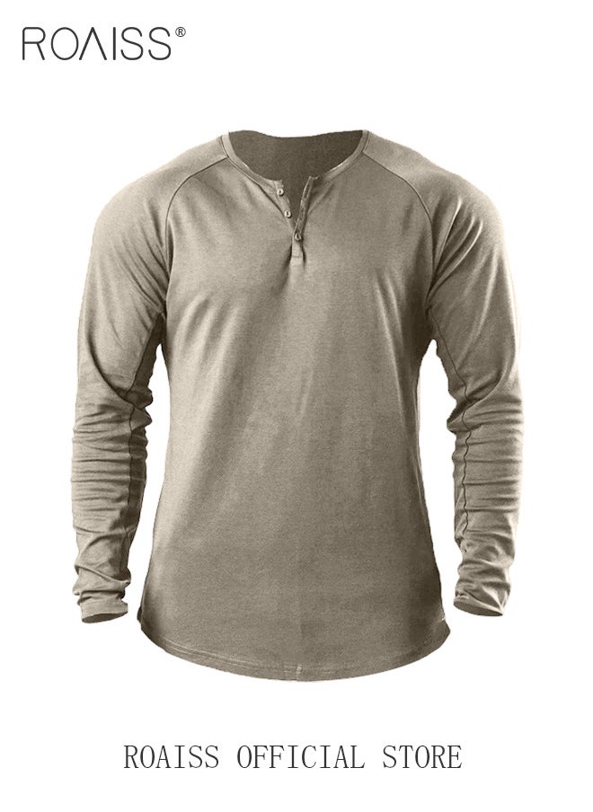 roaiss - Men Long Sleeve Henley Shirts Muscle Slim Fit V Neck Button Pure Cotton T Shirt Fitness Bottoming Elastic Shirt for Gym or Casual Time - Image 1