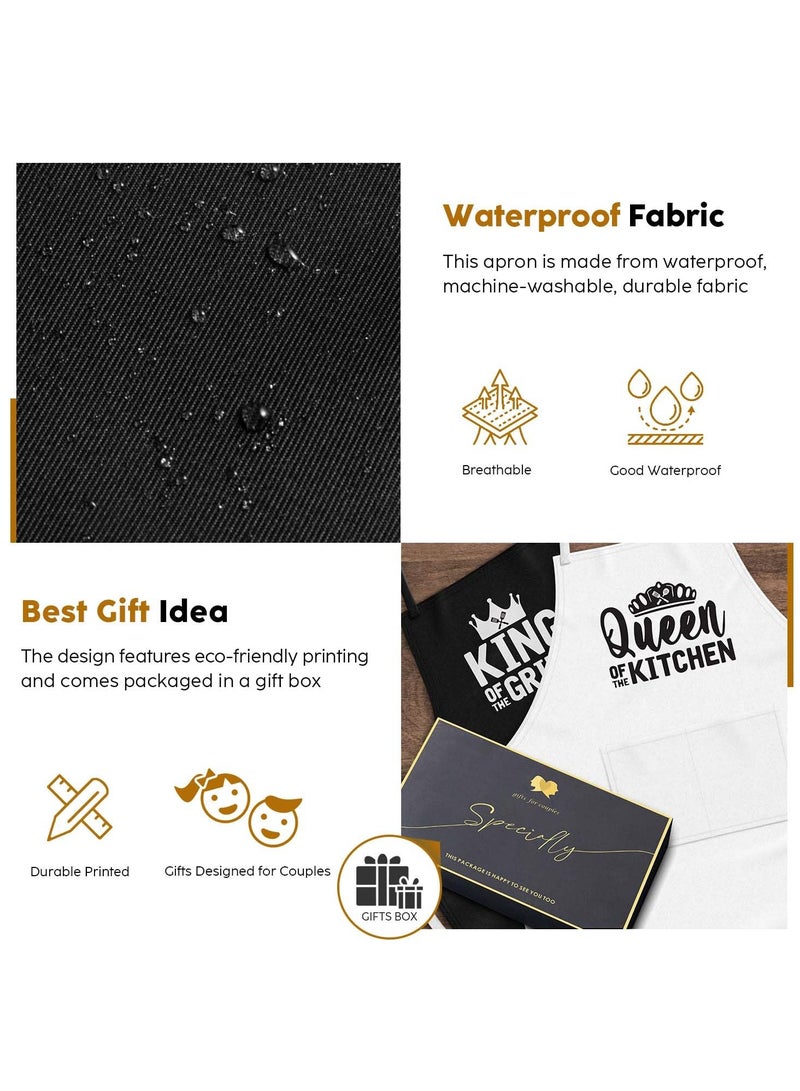 King & Queen Apron Set - Wedding Engagement Gifts for Couples, Funny Kitchen Gifts for Couples, Husband, Wife, Boyfriend, Girlfriend, Him Her, Bridal Shower Gifts, Unique Valentine's Day gifts ideas  - Image 3