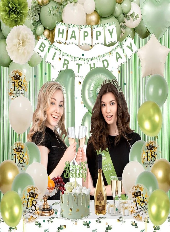 زينة عيد الميلاد الثامن عشر للفتيات، زينة عيد الميلاد الثامن عشر باللون الأخضر الزيتوني، لافتة عيد ميلاد سعيد، بالونات خضراء وذهبية، تاج، وشاح، ستارة مزينة بشراشيب، مفرش طاولة، زينة كعكة لحفلة عيد الميلاد الثامن عشر للفتيات - Image 4