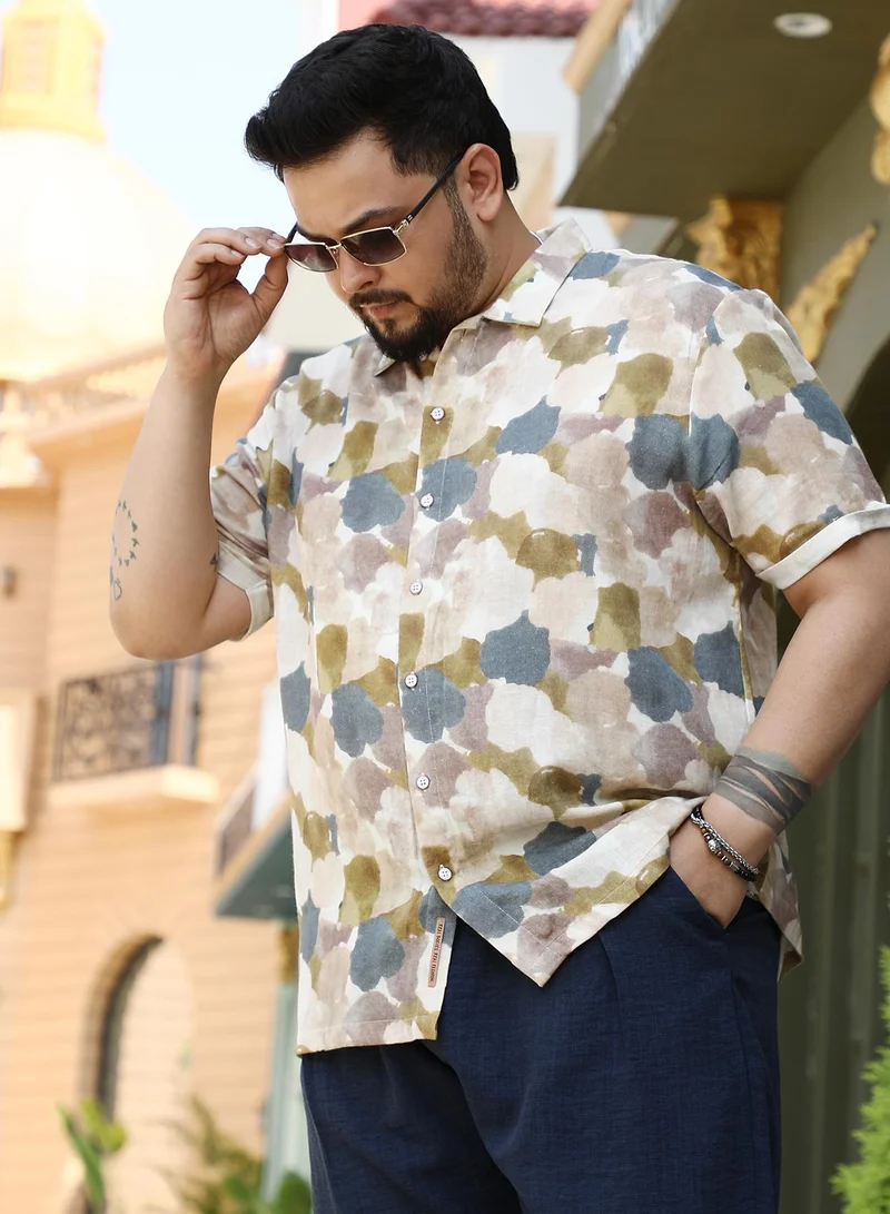 Instafab Plus Instafab Plus Men's Yellow Ochre & Moon Grey Abstract Print Shirt For Casual Wear | Spread Collar | Short Cuffed Sleeves | Button Closure | Plus Size Shirt Crafted With Comfort Fit For Everyday Wear