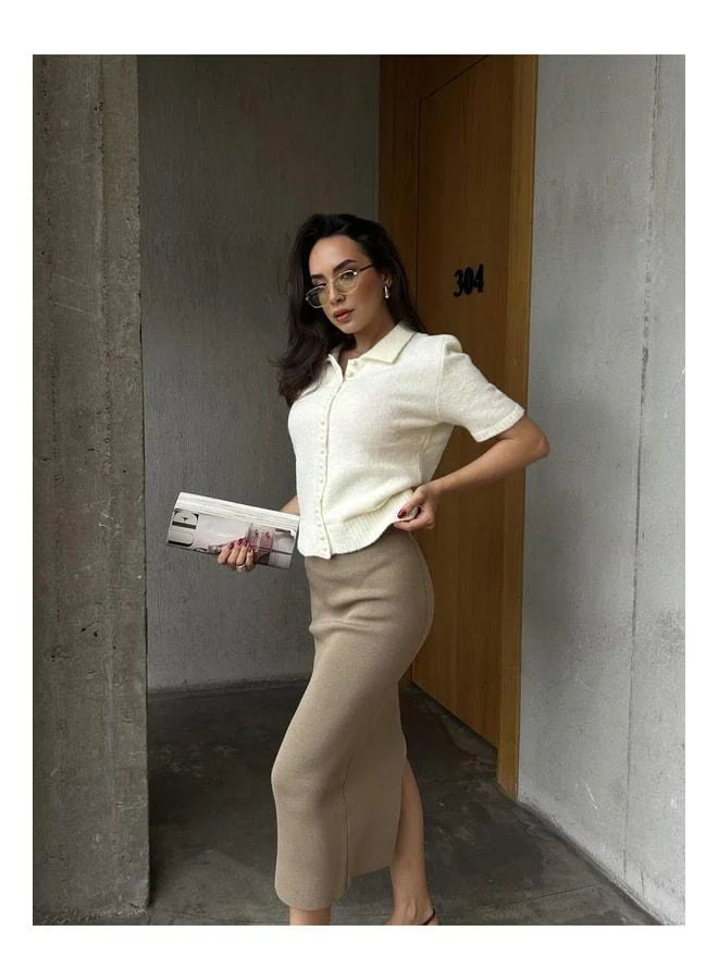 mina aise Women's Beige Short-Sleeve Imported Yarn Buttoned Knit Sweater 7010.