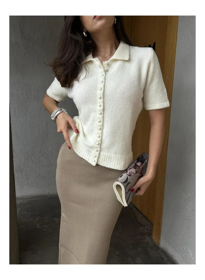 mina aise Women's Beige Short-Sleeve Imported Yarn Buttoned Knit Sweater 7010.