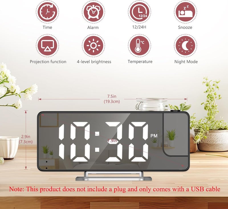 LOFICOPER ساعة منبه رقمية مع بروجيكتور لغرفة النوم، بروجيكتور دوار 180°، شاشة LED كبيرة 7.9 بوصة مع درجة حرارة، زر تأجيل، سطوع قابل للتعديل، كابل USB، ساعة طاولة لبيتك أو مكتبك. - Image 2