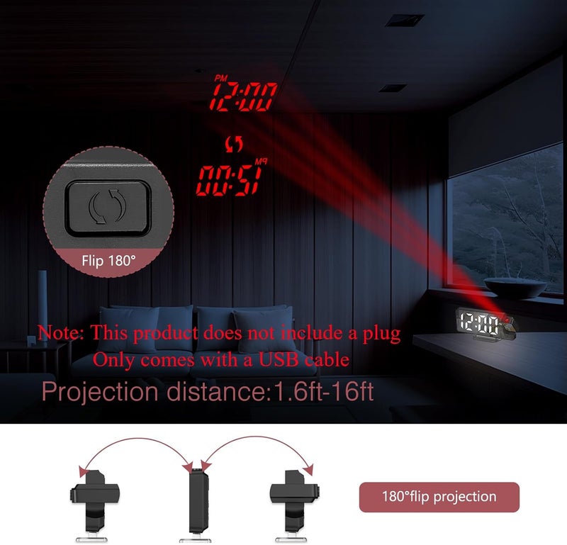 LOFICOPER ساعة منبه رقمية مع بروجيكتور لغرفة النوم، بروجيكتور دوار 180°، شاشة LED كبيرة 7.9 بوصة مع درجة حرارة، زر تأجيل، سطوع قابل للتعديل، كابل USB، ساعة طاولة لبيتك أو مكتبك. - Image 3