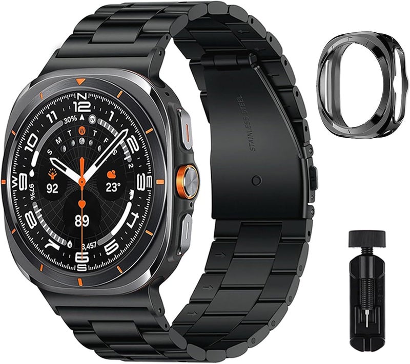 حزام بديل من الفولاذ المقاوم للصدأ بدون فجوات من متوافق مع ساعة Samsung Galaxy Watch 7 Ultra 47mm 2024 للنساء والرجال أسود - Image 1
