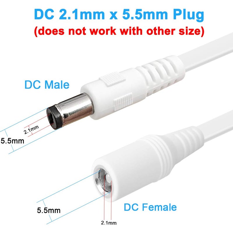 SIOCEN 10FT DC Power Extension Cable,5.5mm x 2.1mm Extension Cord,12v Extension Cord for Security Camera CCTV IP,Router,LED Strip,5V 9V 24V 12 Volt, Flat Male to Female DC Plug Power Cord (White) - Image 2