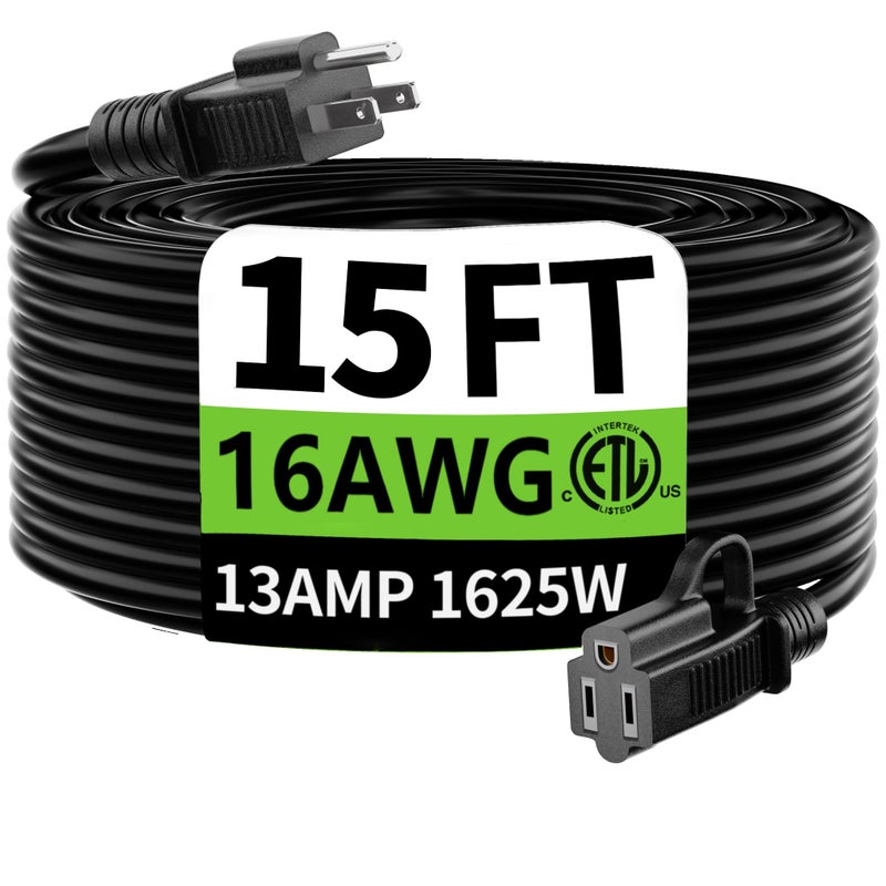 HUANCHAIN Indoor Outdoor Black Extension Cord 15 ft Waterproof 163 Gauge Flexible ColdResistant Appliance Extension Cable Outside 13A 1625W 16AWG SJTW 3 Prong Electric Cord ETL