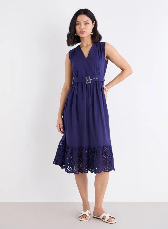 Styli Styli Navy Blue Schiffli Hem Midi Dress