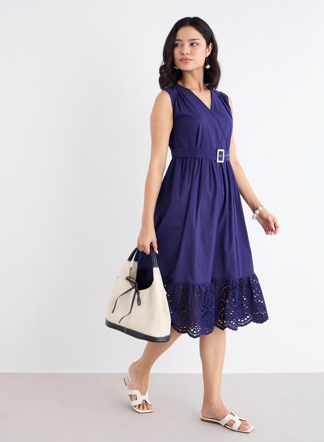 Navy Blue Schiffli Hem Midi Dress