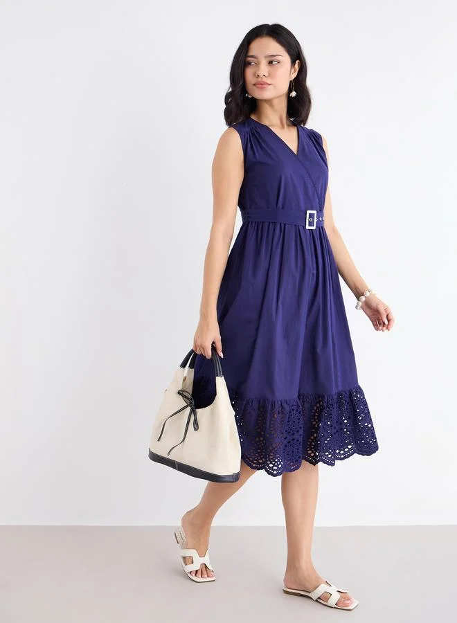 Styli Styli Navy Blue Schiffli Hem Midi Dress
