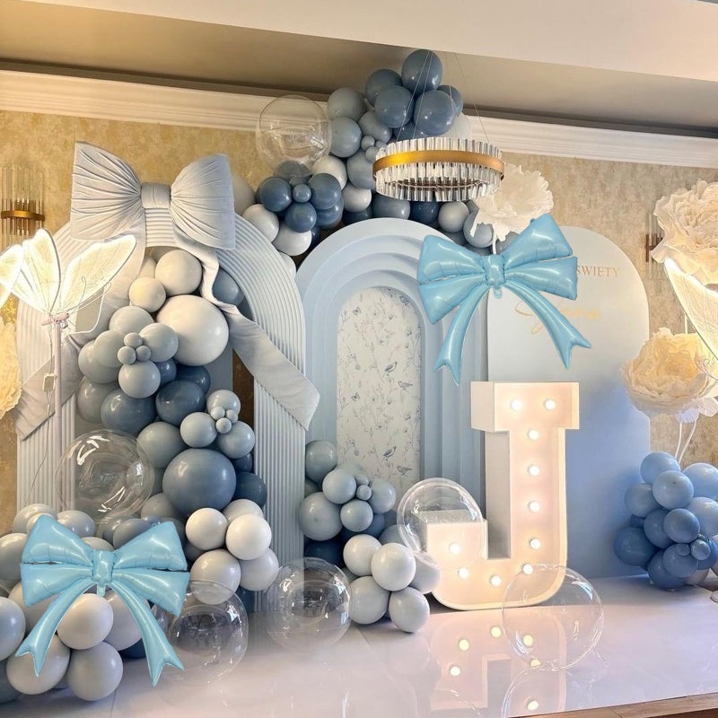 Froova Dusty Blue Balloon Garland Arch Kit, 107PCS Dusty Fog Blue and White Balloons with Bow Balloon Decor for Coquette Birthday Baby Bridal Shower Wedding Party Decorations - Image 5