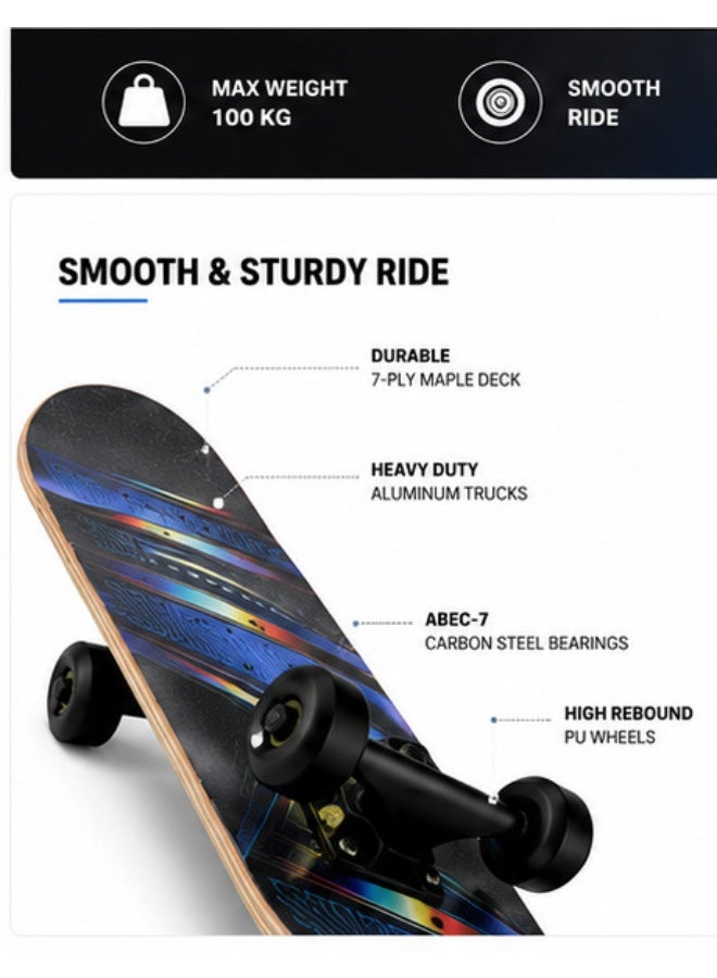 DEXO Black Panther Fiber Skateboard Combo 26.5” – Pro Double Kick Deck with ABEC-7 Bearings, TPU Wheels & Safety Helmet (Black) - Image 5