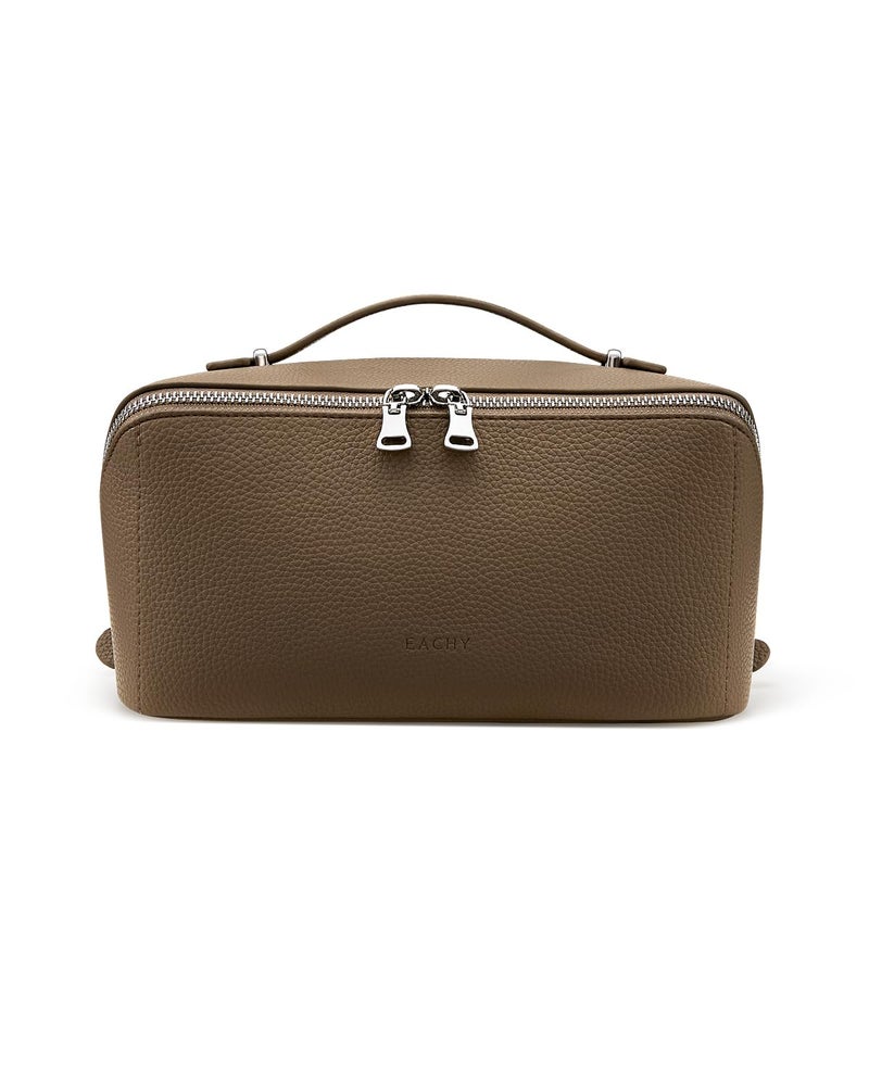 EACHY Travel Makeup Bag, Lychee Leather Large Capacity Cosmetic Bag for Women, Open Flat Toiletry Bag with TPU Brush Compartment, Waterproof Skincare Organizer Travel Essentials - Image 1