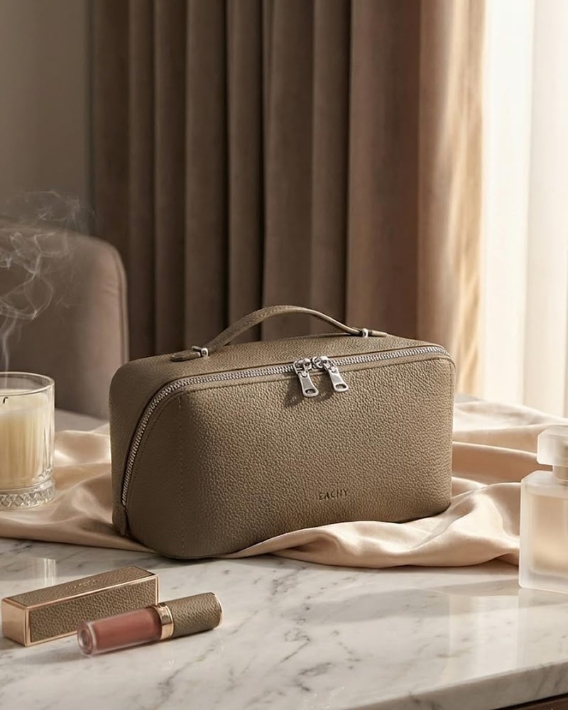 EACHY Travel Makeup Bag, Lychee Leather Large Capacity Cosmetic Bag for Women, Open Flat Toiletry Bag with TPU Brush Compartment, Waterproof Skincare Organizer Travel Essentials - Image 2