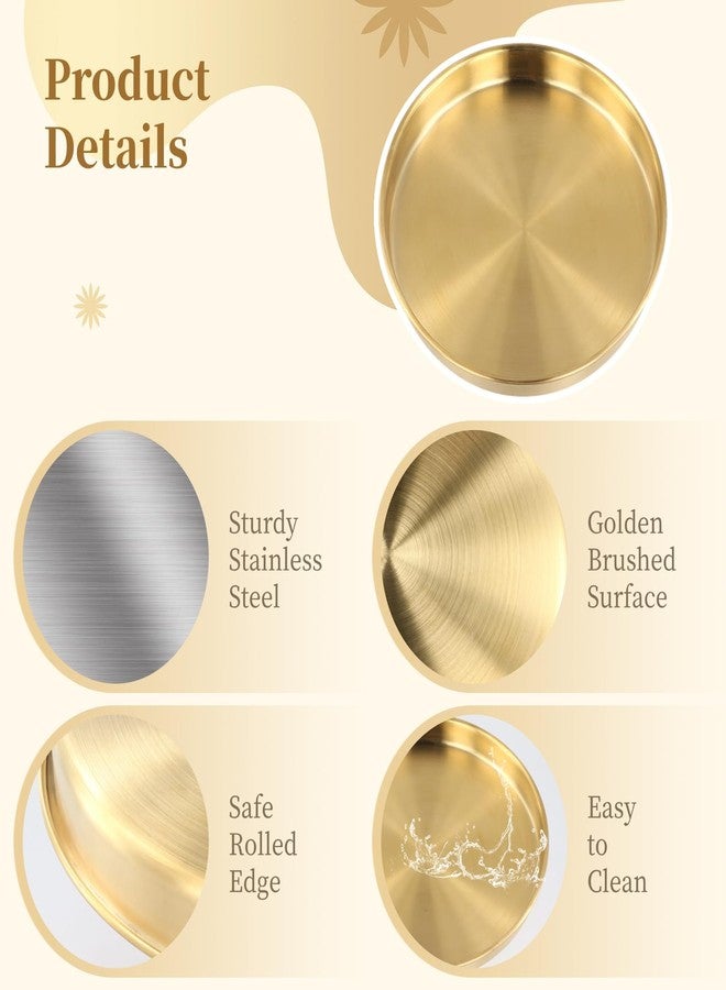 Lnrueg 6 PCS Gold Tray Serving Platter, 9.8 Inches Round Gold Decorative Trays, Stainless Steel Coffee Table Tray, Vanity Jewelry Makeup Organizer, Countertop Tray for Bathrooms, Cafes, Restaurants - Image 5