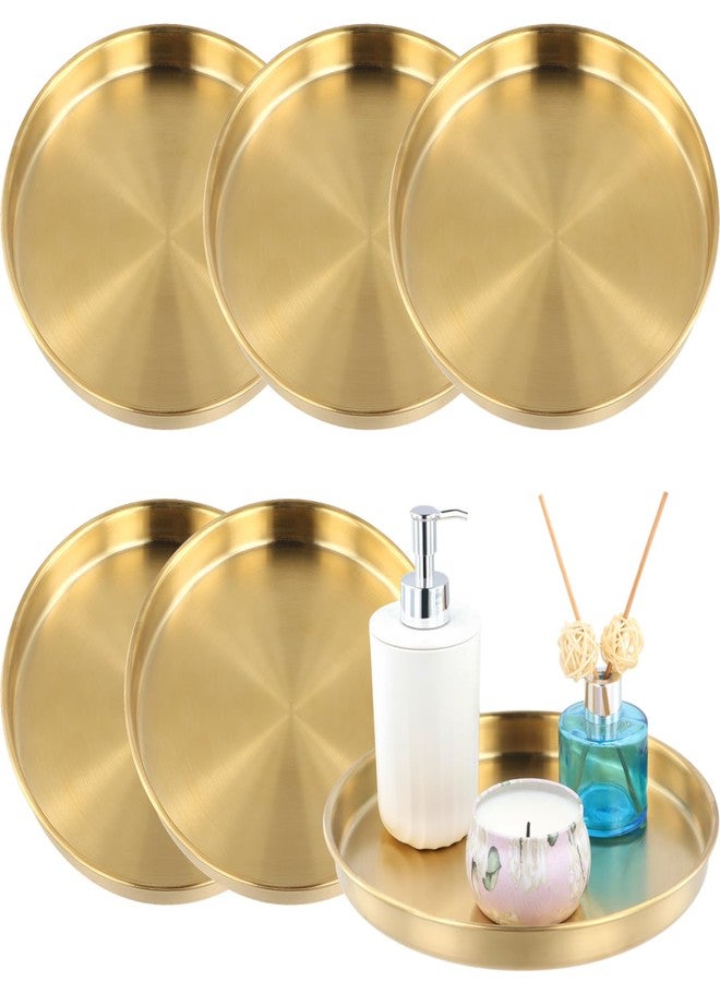 Lnrueg 6 PCS Gold Tray Serving Platter, 9.8 Inches Round Gold Decorative Trays, Stainless Steel Coffee Table Tray, Vanity Jewelry Makeup Organizer, Countertop Tray for Bathrooms, Cafes, Restaurants - Image 1