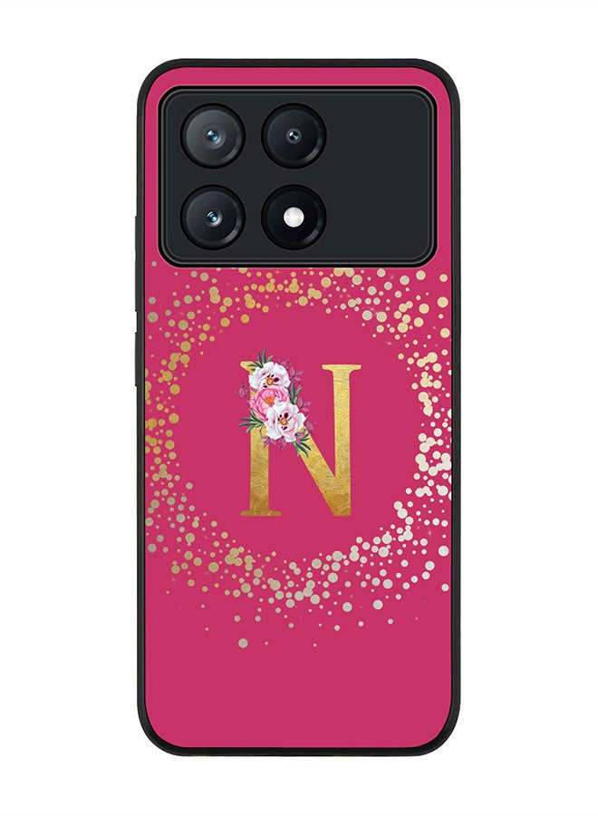 Rugged Black Edge Case for Xiaomi Poco X6 Pro, Slim Case Cover- Custom Monogram Initial Letter Floral Pattern Alphabet - N (Deep Pink Rose)