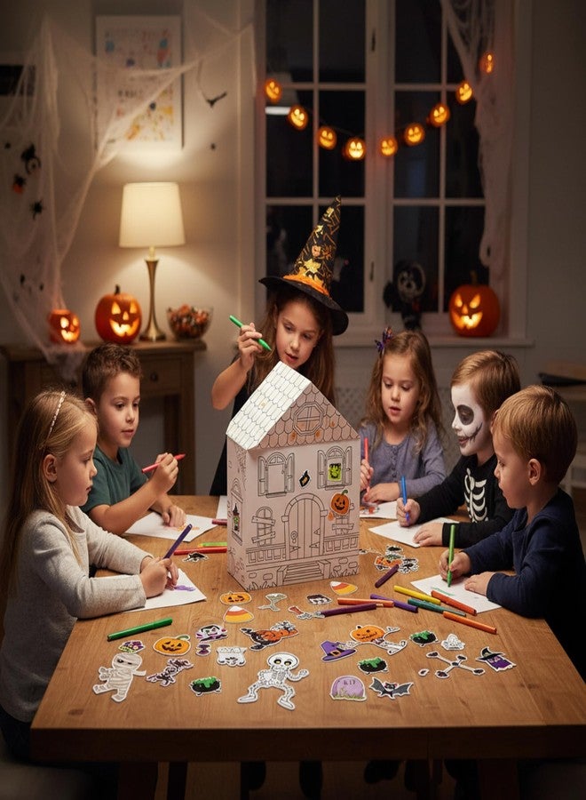 Civaner 18 Pcs/1 Sets DIY Haunted House Craft Kits for Halloween Make Color Your Own Haunted House with Stickers Skeletons Ghosts Pumpkins Corn for Holiday Party Supplies Colored Marker Not Included - Image 4