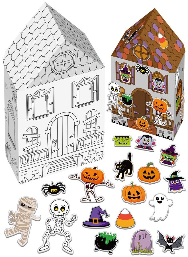 Civaner 18 Pcs/1 Sets DIY Haunted House Craft Kits for Halloween Make Color Your Own Haunted House with Stickers Skeletons Ghosts Pumpkins Corn for Holiday Party Supplies Colored Marker Not Included - Image 1