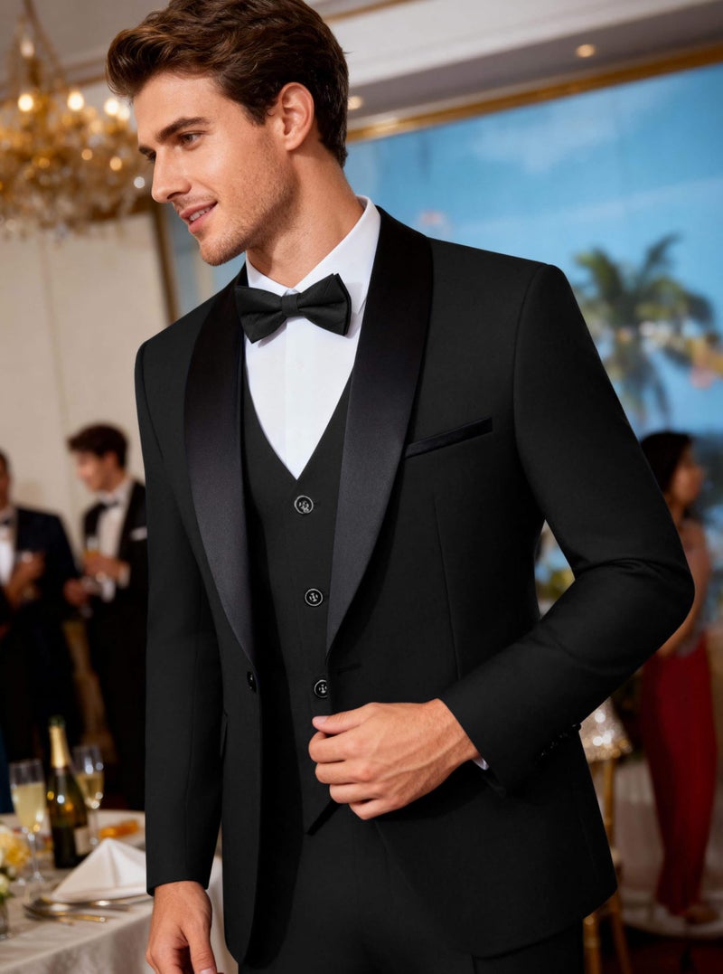 WULFUL Men's 3 Piece Suits Slim Fit Tuxedo Suit Set One Button Shawl Lapel Blazer Jacket Vest Pants Set for Prom, Business Black - Image 4