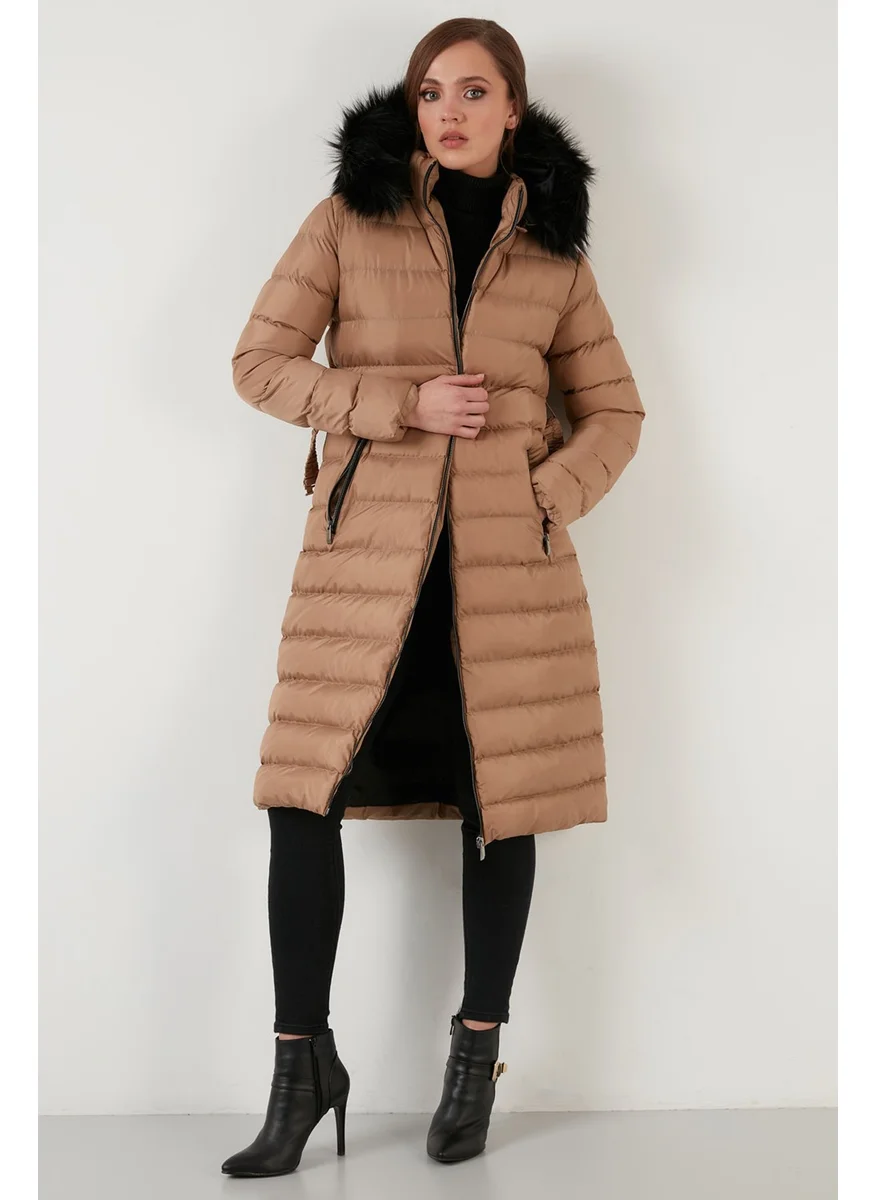 Lela Removable Hairy Hooded Long Coat with Pockets Women's Coat 497FIRUZE