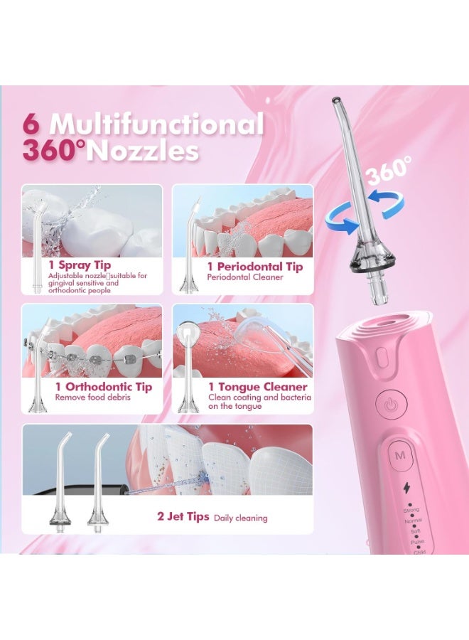 Bezvoi Water Flosser Teeth Pick: 5 Modes Cordless Water Dental Floss 300ML Portable Rechargeable IPX7 Waterproof Electric Water Flossing Cleaning Picks with 6 Jet Tips Oral Irrigator Cleaner, Pink  - Image 5