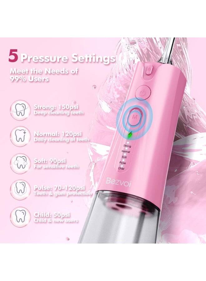 Bezvoi Water Flosser Teeth Pick: 5 Modes Cordless Water Dental Floss 300ML Portable Rechargeable IPX7 Waterproof Electric Water Flossing Cleaning Picks with 6 Jet Tips Oral Irrigator Cleaner, Pink  - Image 3