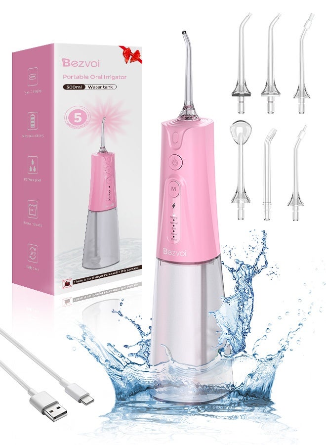 Bezvoi Water Flosser Teeth Pick: 5 Modes Cordless Water Dental Floss 300ML Portable Rechargeable IPX7 Waterproof Electric Water Flossing Cleaning Picks with 6 Jet Tips Oral Irrigator Cleaner, Pink - Image 1