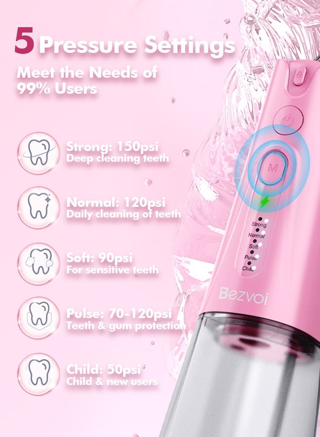 Bezvoi Water Flosser Teeth Pick: 5 Modes Cordless Water Dental Floss 300ML Portable Rechargeable IPX7 Waterproof Electric Water Flossing Cleaning Picks with 6 Jet Tips Oral Irrigator Cleaner, Pink - Image 3