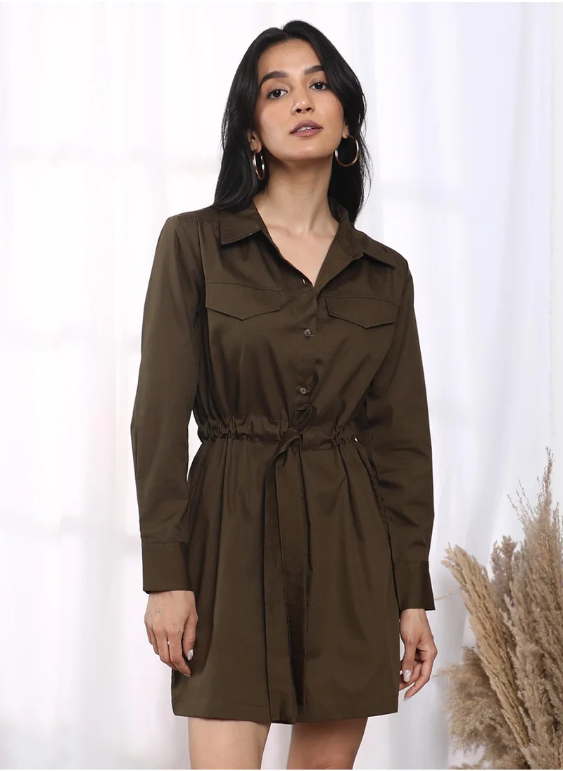 PINACOLADA Women's Fern Green Tie-Up Shirt Dress