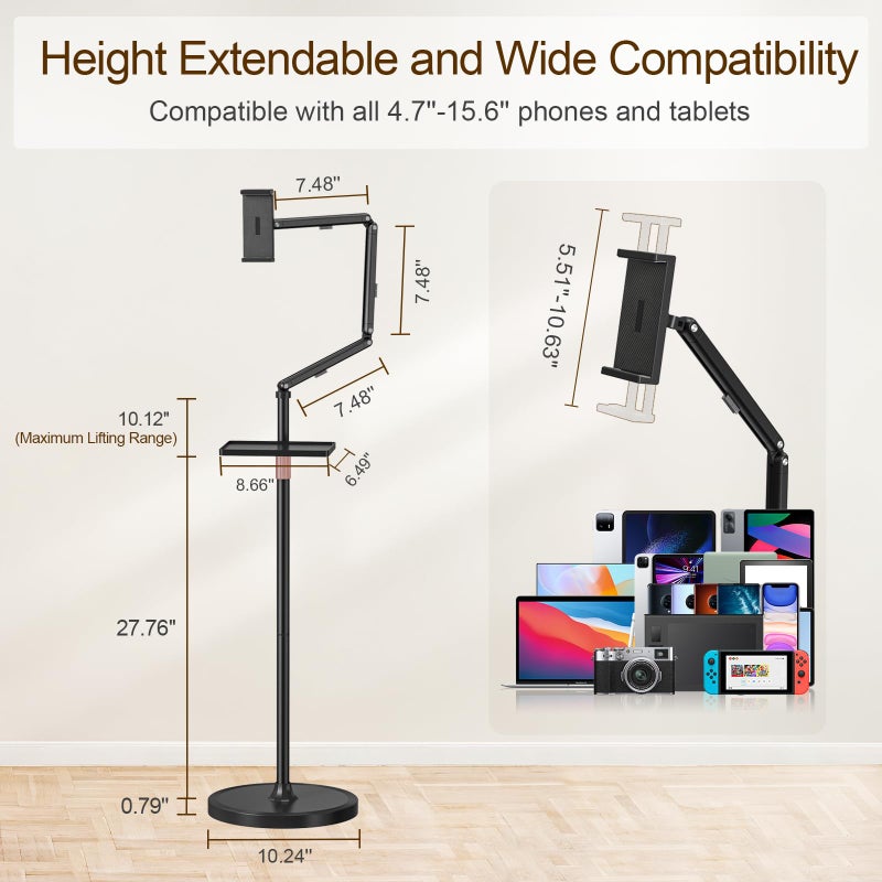 Houele Tablet Floor Stand with Removable Tray, iPad Floor Stand Holder for Bed, Height Adjustable Tablet Mount iPad Holder for 4.7â€-15.6â€ Tablets iPads and Phones - Image 3