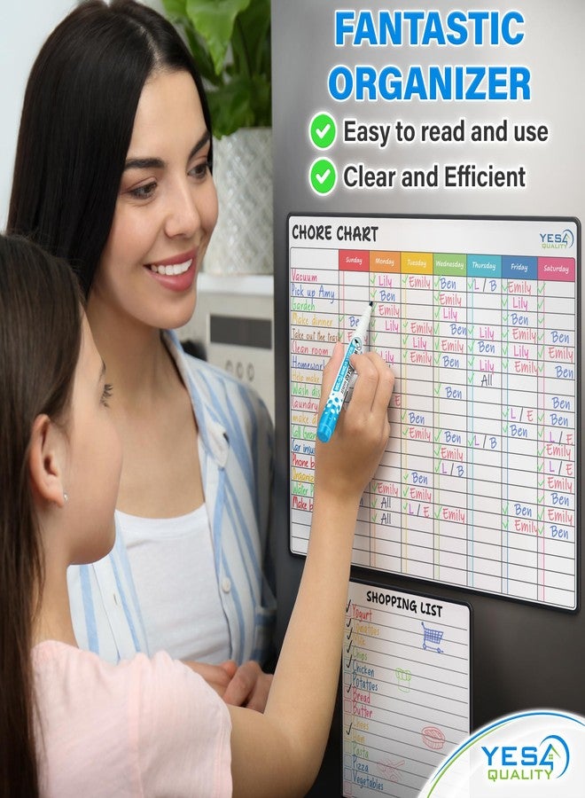 YES4QUALITY Magnetic Dry Erase Chore Chart for Fridge - 14 x 11 Inch - Whiteboard Organizer with Shopping List, 6 Colorful Markers & Eraser - Refrigerator White Board for Family Tasks & Schedules - by Yes4Quality - Image 2