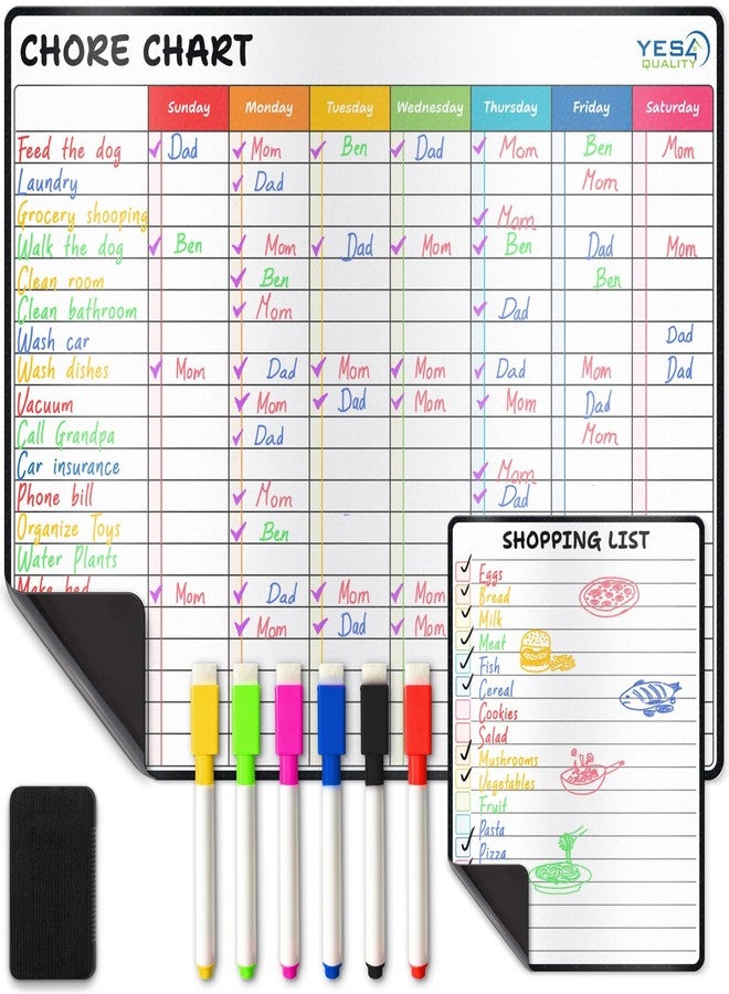 YES4QUALITY Magnetic Dry Erase Chore Chart for Fridge - 14 x 11 Inch - Whiteboard Organizer with Shopping List, 6 Colorful Markers & Eraser - Refrigerator White Board for Family Tasks & Schedules - by Yes4Quality - Image 1