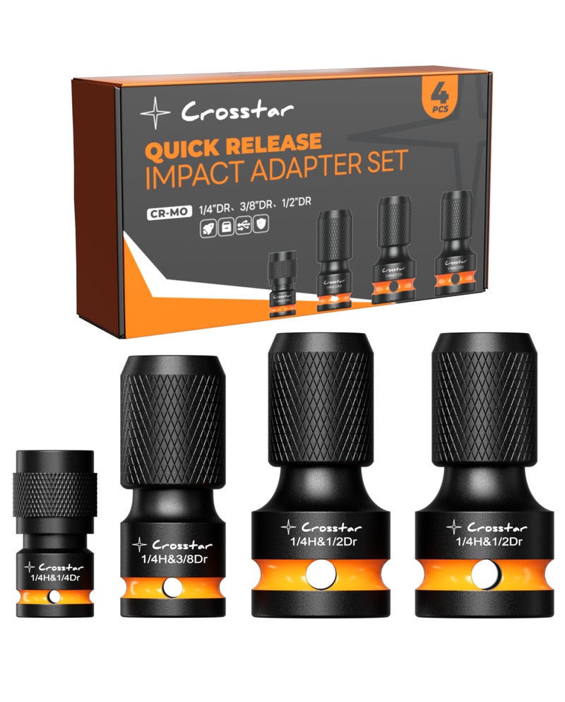 Crosstar Impact to 1/4 Hex Converter Set,Screwdriver Bit Holders,for Electric & impact Wrenches,Cr-Mo Steel,1/2 3/8 1/4-Inch Square Drive Female to Hex Socket, Quick Release Chuck Adapter,4 Pcs - Image 1