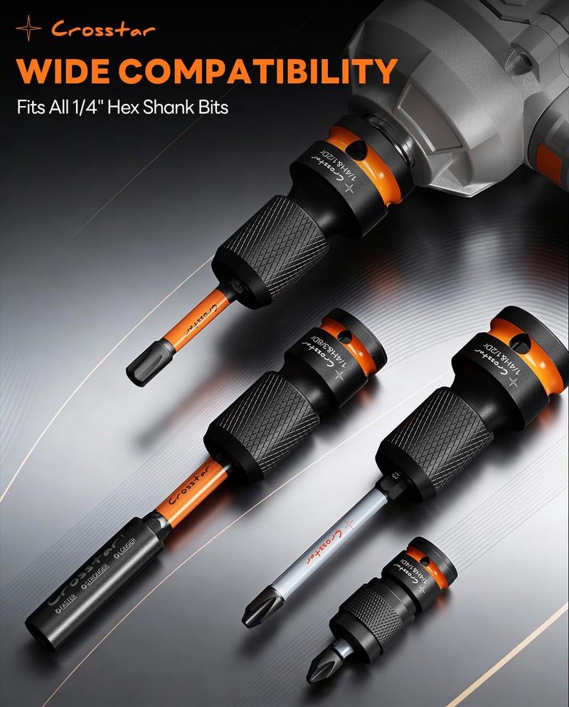 Crosstar Impact to 1/4 Hex Converter Set,Screwdriver Bit Holders,for Electric & impact Wrenches,Cr-Mo Steel,1/2 3/8 1/4-Inch Square Drive Female to Hex Socket, Quick Release Chuck Adapter,4 Pcs - Image 4