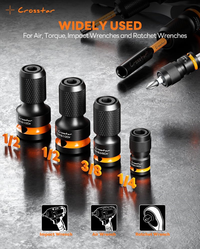 Crosstar Impact to 1/4 Hex Converter Set,Screwdriver Bit Holders,for Electric & impact Wrenches,Cr-Mo Steel,1/2 3/8 1/4-Inch Square Drive Female to Hex Socket, Quick Release Chuck Adapter,4 Pcs - Image 5
