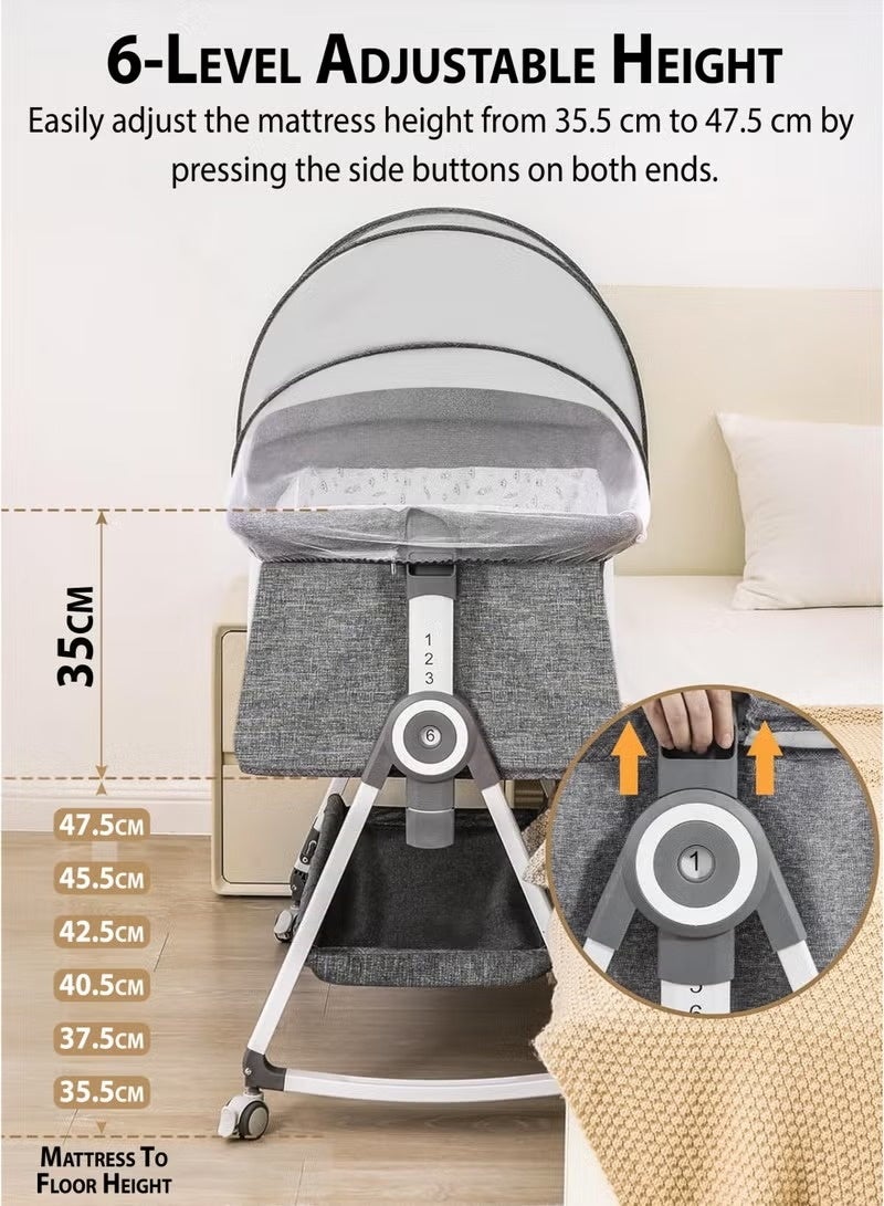 رويال سرير مواليد 4 في 1 بجانب السرير مع 6 ارتفاعات قابلة للتعديل، وضعية مهد هزاز، عجلات قابلة للقفل بزاوية 360 درجة، سلة تخزين، مرتبة قابلة للغسل، جوانب شبكية قابلة للتنفس، وناموسية – سرير متنقل وقابل للطي للمشاركة في النوم مع المولود والرضع (0–15 كجم) - Image 3