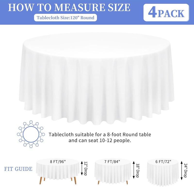 FXKS 4 Pack White Round Tablecloth 120 Inch (300 cm) Polyester Table Cloth for 6 Foot Round Table, Stain Resistant Washable Fabric Table Cover for Wedding Banquet Buffet Parties and Camping - Image 3