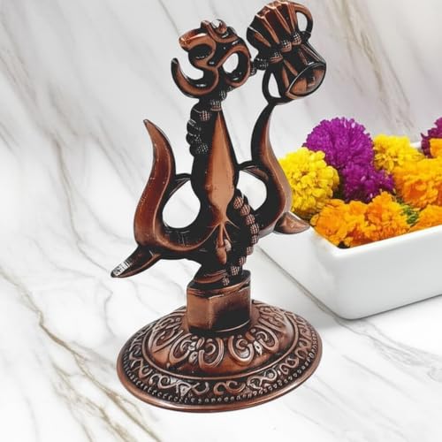 ARTISKRITI Shivji Trishul Damru and Aum Idol for Mandir, Shiva Idol Car Dashboard Decoration Items Statue Metal Showpiece for Pooja Room Home Decor (Copper) - Image 1