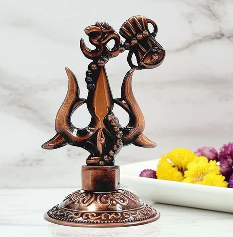 ARTISKRITI Shivji Trishul Damru and Aum Idol for Mandir, Shiva Idol Car Dashboard Decoration Items Statue Metal Showpiece for Pooja Room Home Decor (Copper) - Image 3