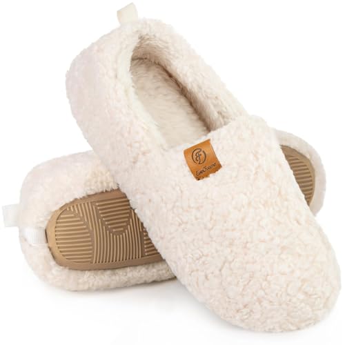 EverFoams Women’s Soft Curly Full Slippers Memory Foam Lightweight House Shoes Cozy Loafer with Polar Fleece Lining Cream White,7-8 US - Image 1
