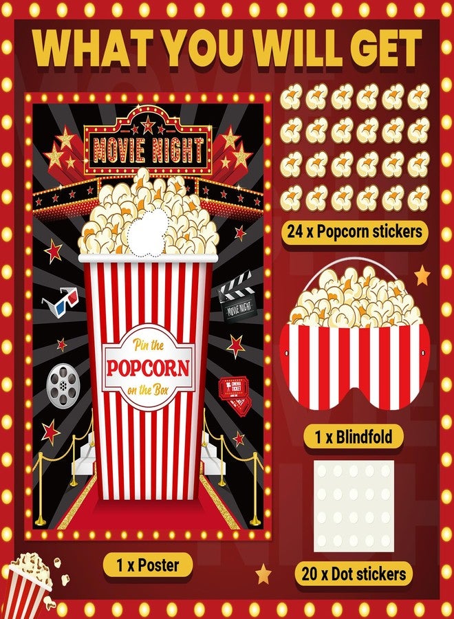 فاكتو لعبة حفلة ليلة سينمائية من فاسيتو: ضع الفشار على العلبة، ملصق كبير مع 24 ملصق فشار، مجموعة ألعاب كرنفال معصوب العينين، مناسبة لسينما، كرنفال، حفلات أعياد ميلاد، مستلزمات تزيين. - Image 3