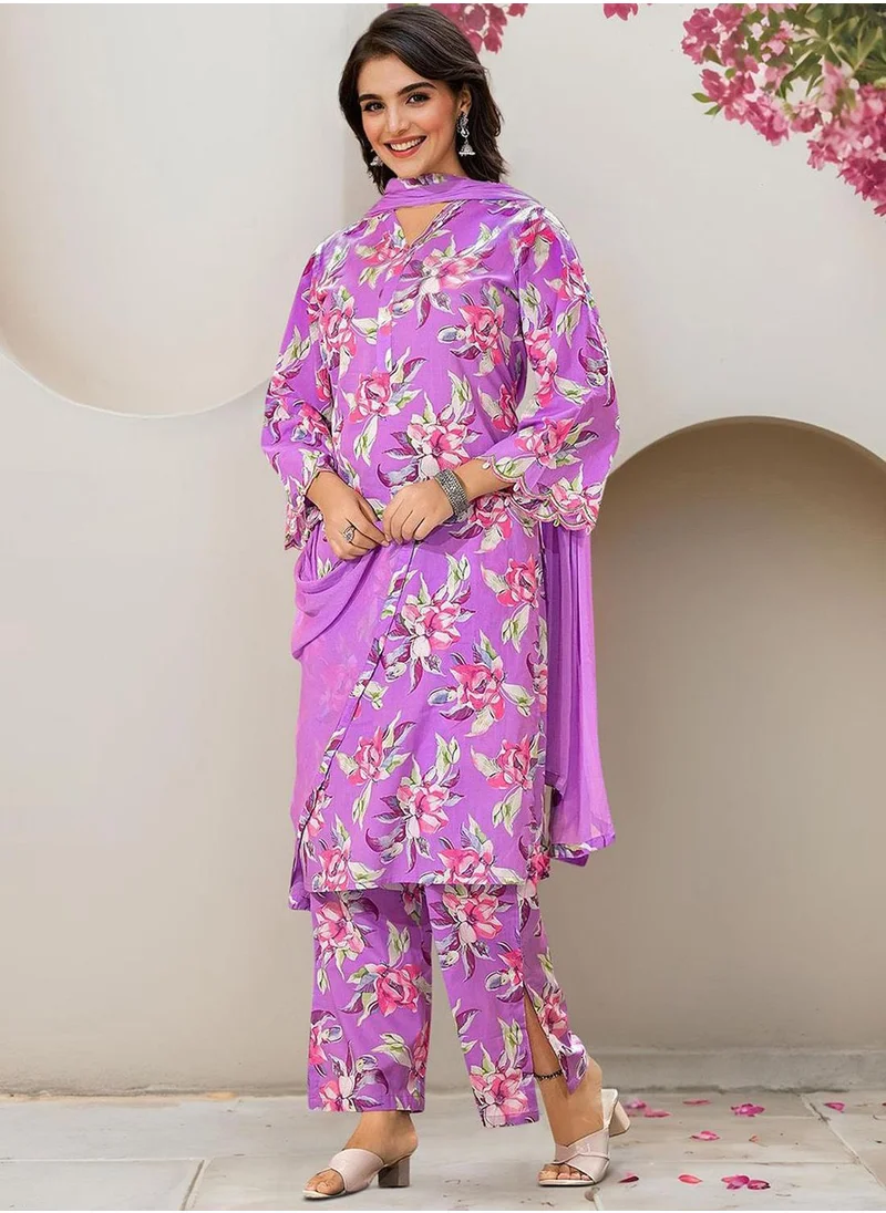 ISHIN Women's Lilac 100% Cotton Embellished Tunic Full Length Casual Straight Fit Kurta Set