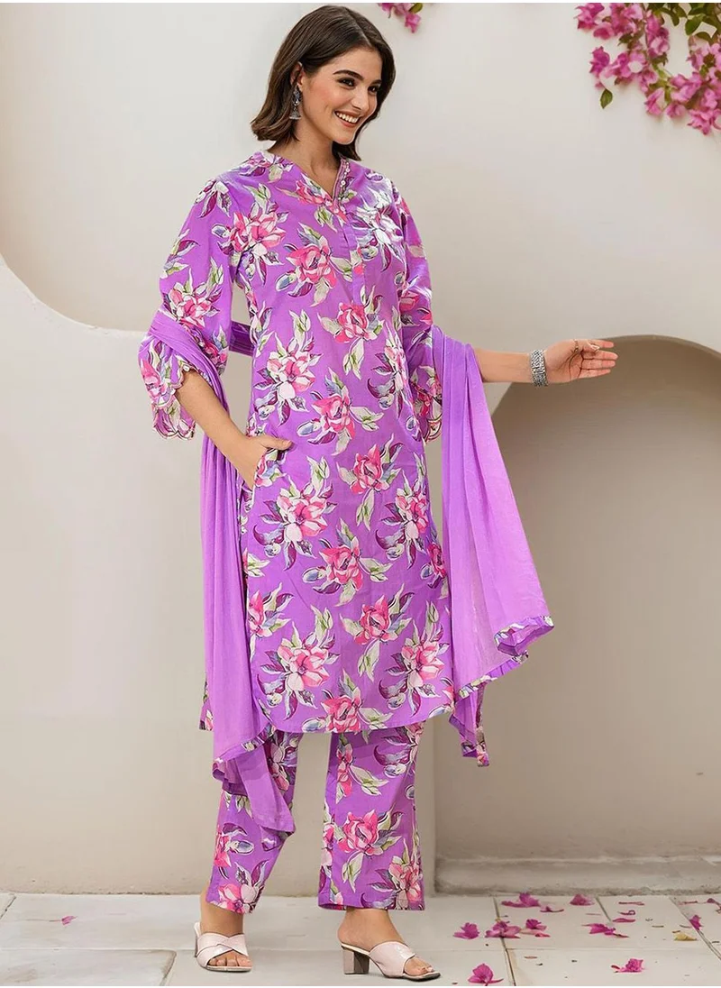 ISHIN Women's Lilac 100% Cotton Embellished Tunic Full Length Casual Straight Fit Kurta Set