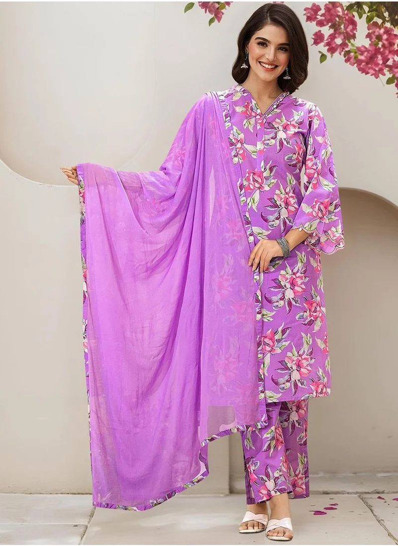 ISHIN Women's Lilac 100% Cotton Embellished Tunic Full Length Casual Straight Fit Kurta Set