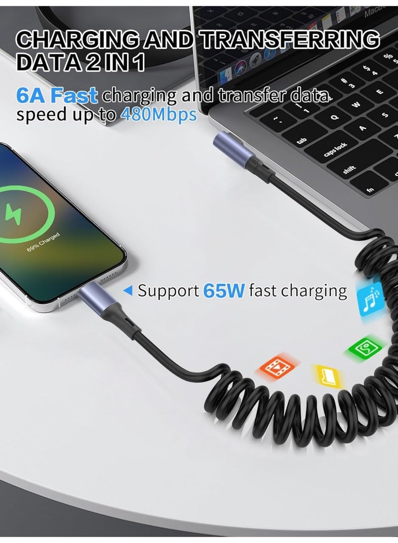كابل USB-A إلى USB-C حلزوني بزاوية 90 درجة، سلك شحن سريع بطول 1.9 متر (3.2 قدم)، سلك نقل بيانات من النوع C بزاوية قائمة، مناسب للسيارة، وأندرويد أوتو، وسامسونج، والألعاب. - Image 3