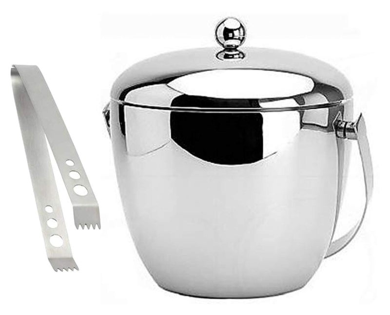 HAINE Double Wall Chrome Finish Silver Ice Bucket with Lid, Handle and Ice Tong, Stainless Steel - Image 1