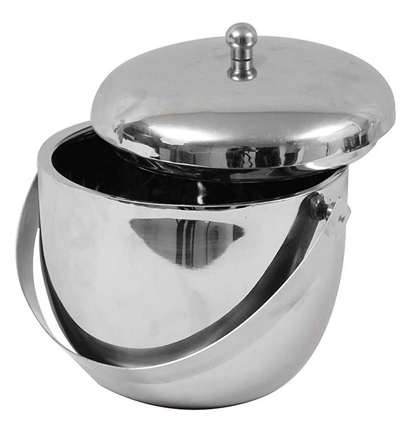 HAINE Double Wall Chrome Finish Silver Ice Bucket with Lid, Handle and Ice Tong, Stainless Steel - Image 3
